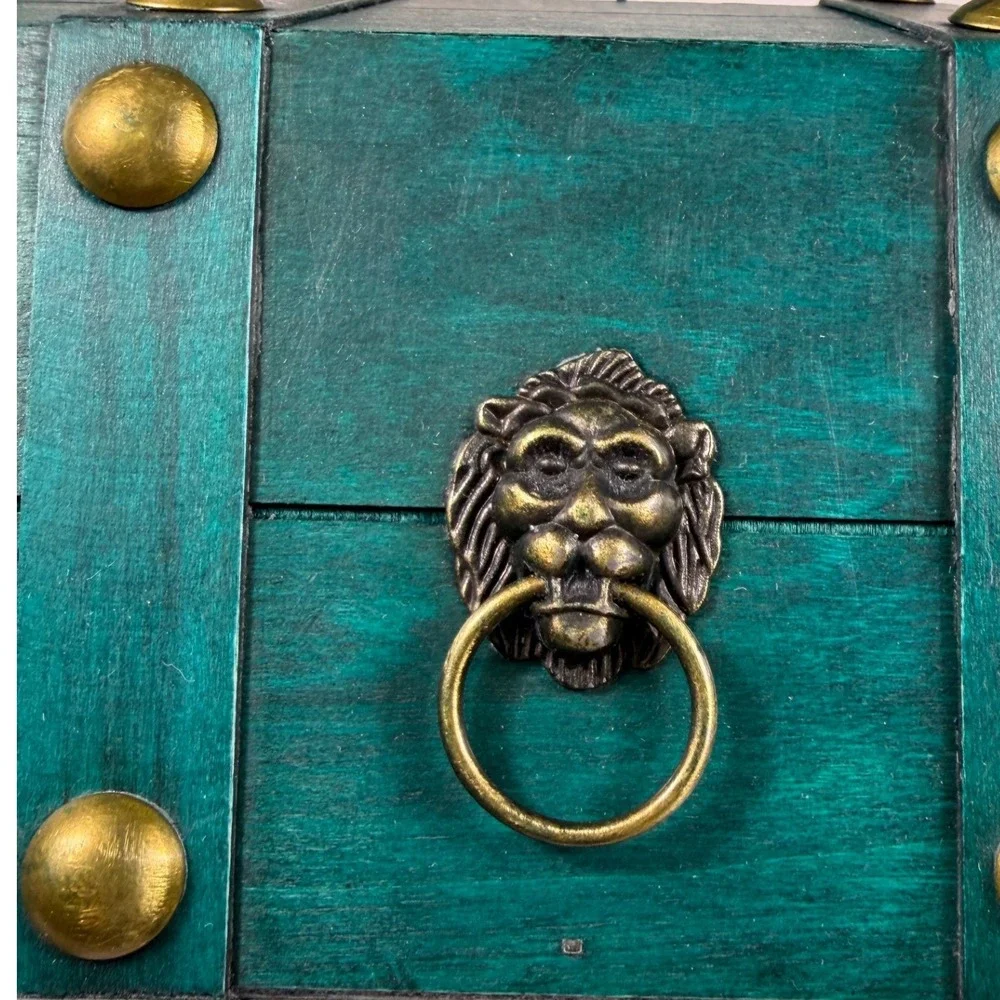 Teal Wood Treasure Chest Lion Head Studded Trunk with Combination Lock